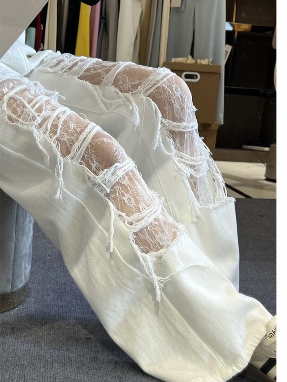 White Distressed Lace-Inset Jeans